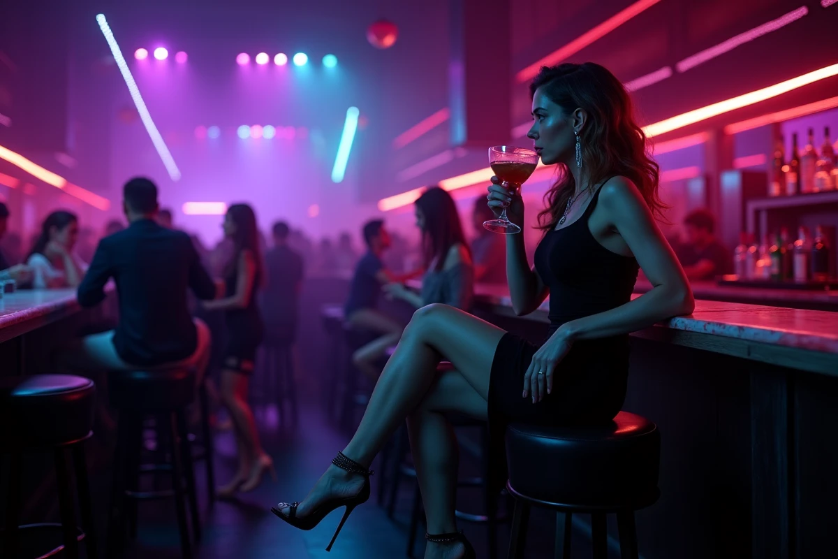 Femme élégante en robe noire dans une boîte de nuit sophistiquée à Lille, ambiance club house music