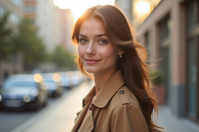 Femme élégante confiante en extérieur avec style moderne