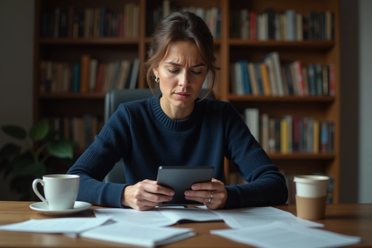 Femme consultant un e-reader avec des documents sur la protection des données personnelles dans un bureau à domicile