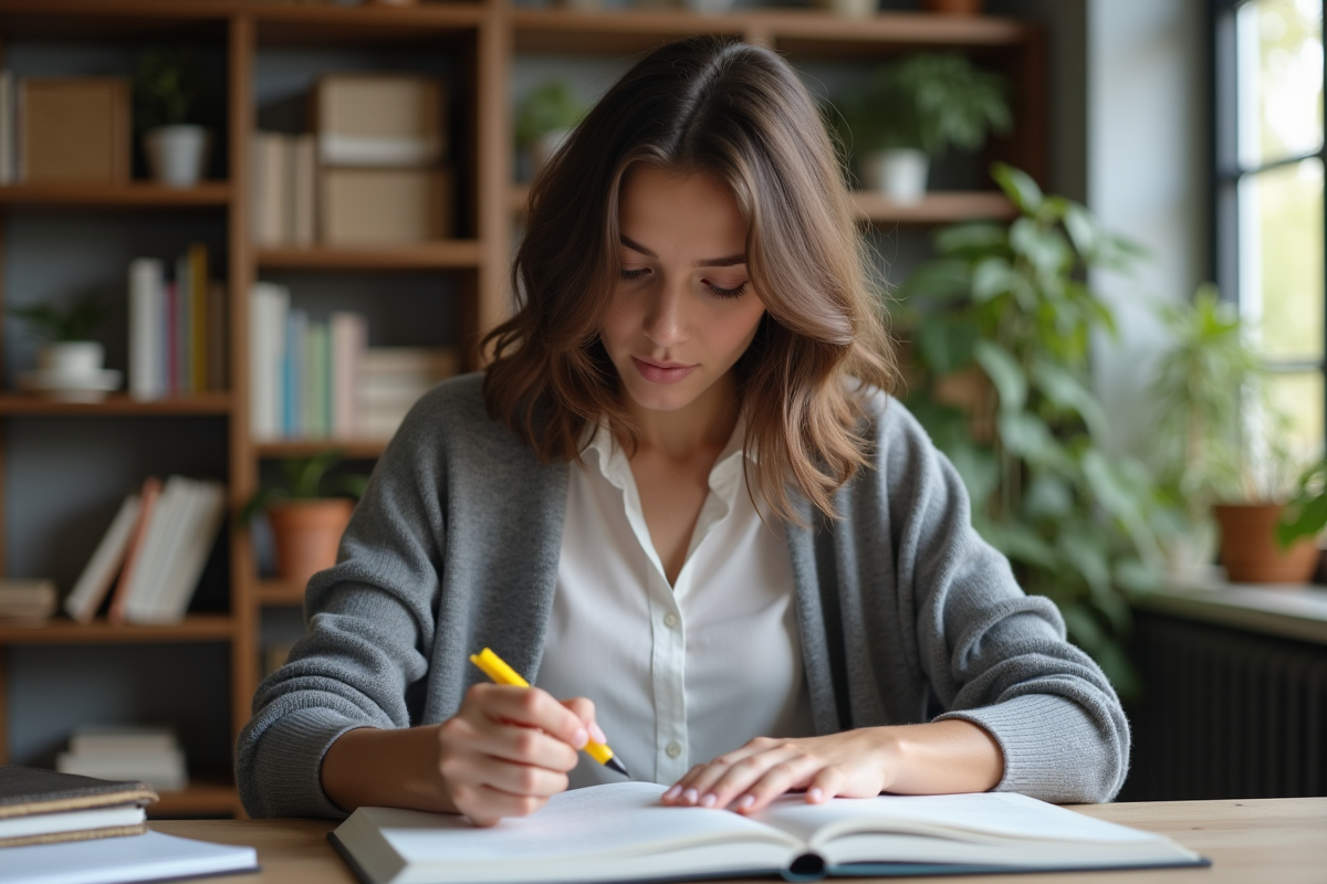 Jeune femme concentrée à étudier chez elle