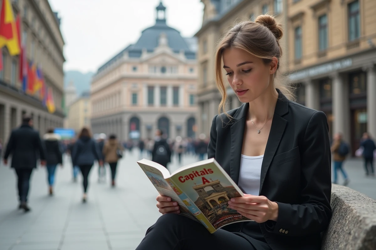 Jeune femme européenne lit un guide de voyage en ville