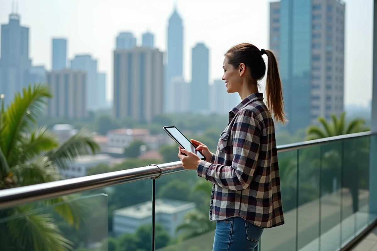 Femme en extérieur analysant des graphiques financiers sur un balcon urbain