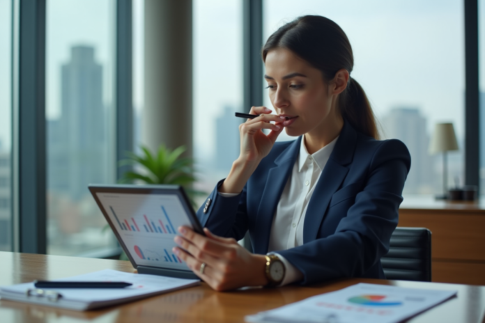 femme-finance-ordinateur Femme d affaires en analyse financière dans un bureau