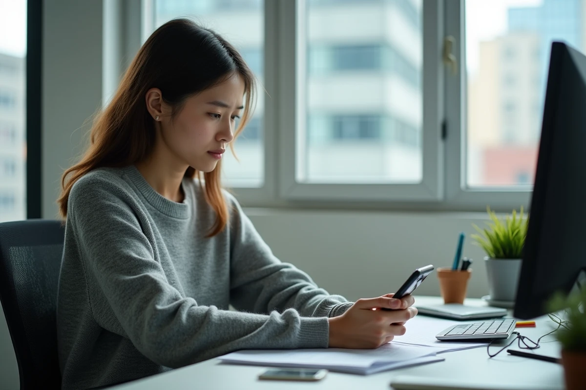 Jeune femme concentrée regardant son smartphone au bureau