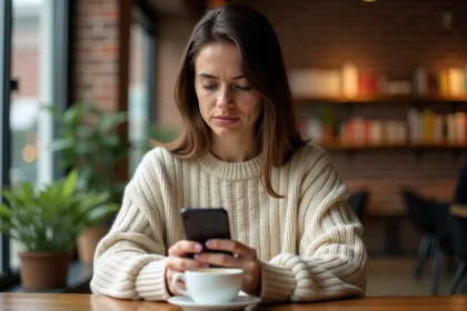 Femme songeuse regardant son téléphone dans un café, illustrant la confusion autour de la signification des heures miroir comme 10h10 et les flammes jumelles