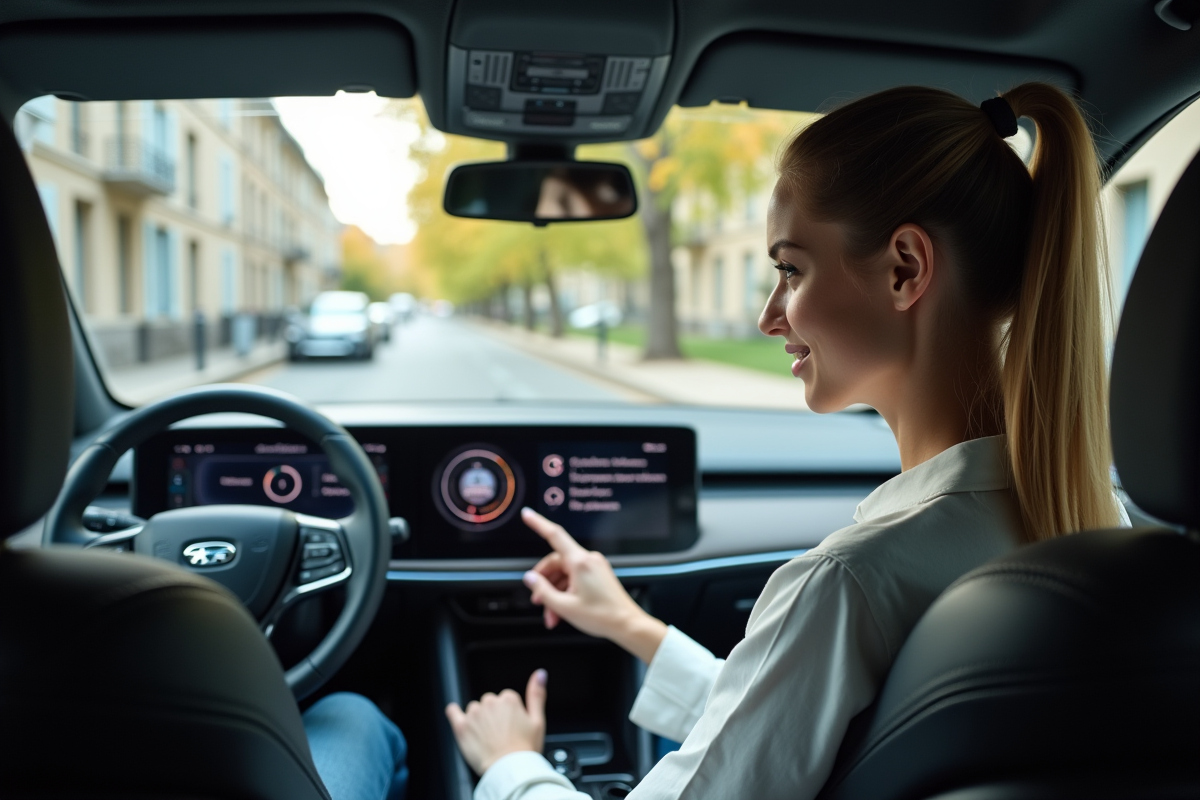 Jeune femme utilisant un écran tactile dans une voiture en banlieue