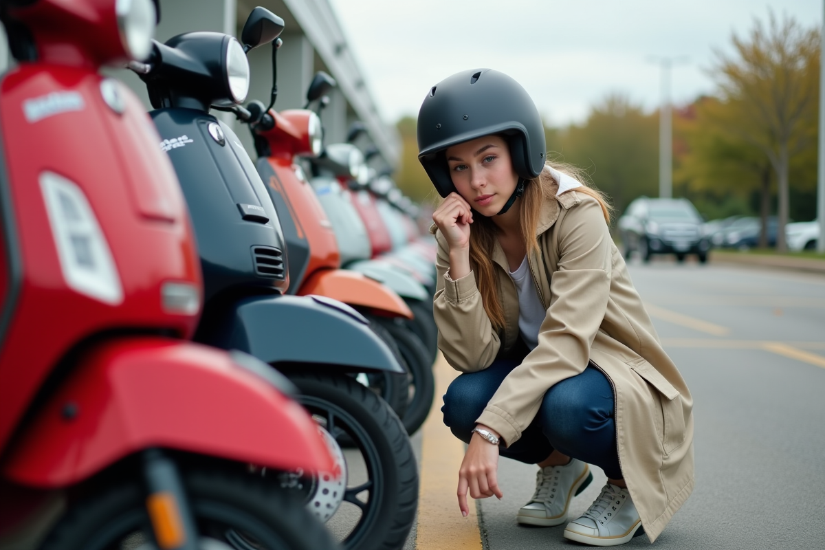 Jeune femme examinant un scooter rouge