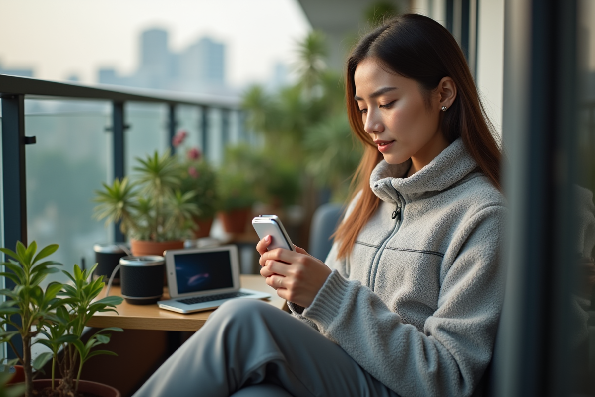 Femme inspectant une batterie sur son balcon urbain