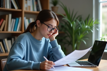 Jeune femme lisant un document dans un bureau calme