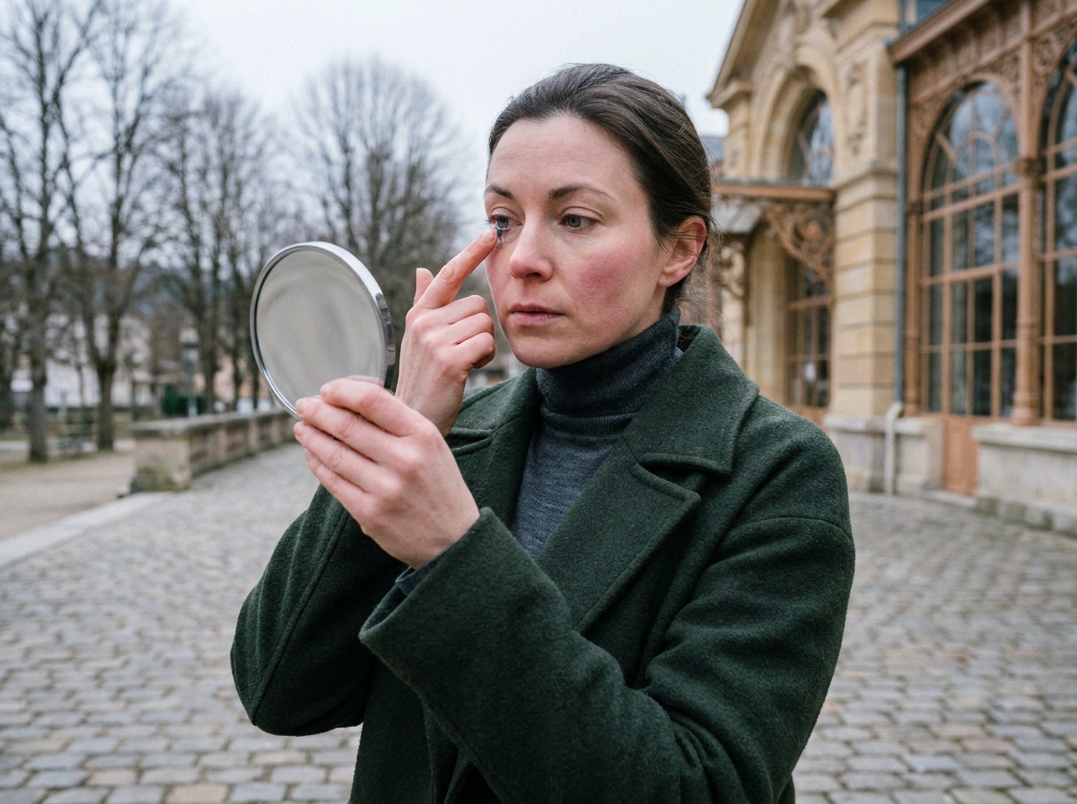Femme portant des lentilles de contact à l'extérieur d'une station thermale française en hiver avec architecture Belle Époque