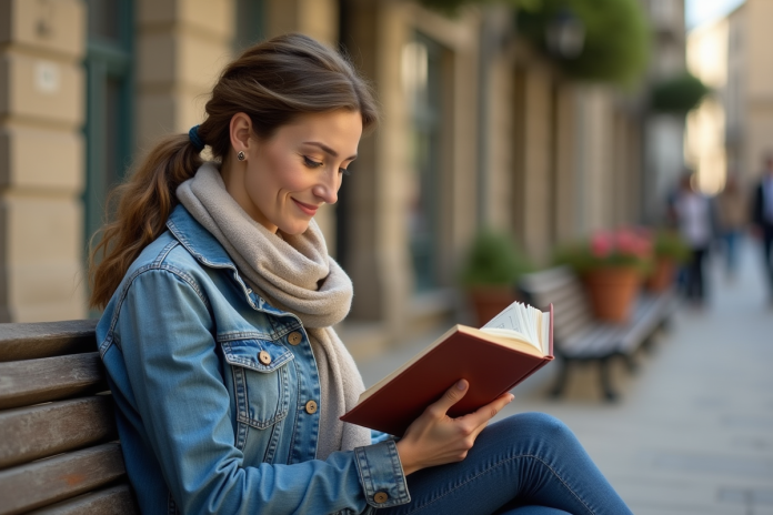Femme lisant dans un parc en sud de la France