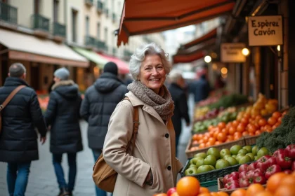 Femme française souriante au marché avec un vendeur