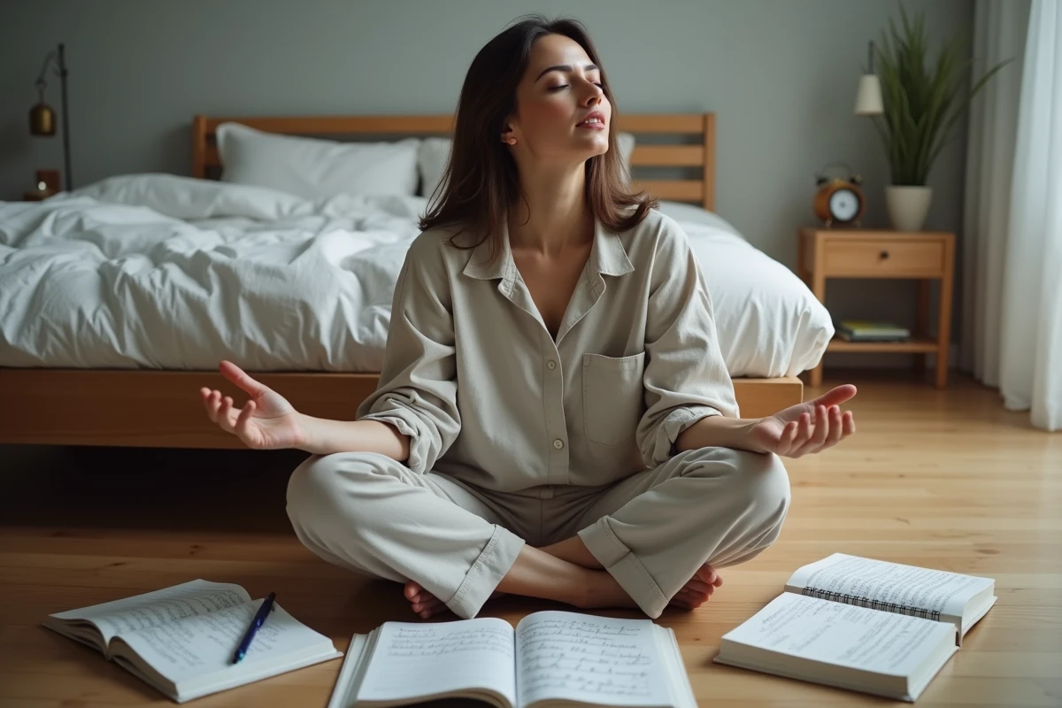 Femme en méditation entourée de journaux intimes illustrant la recherche spirituelle et les erreurs d'interprétation des signes de flamme jumelle