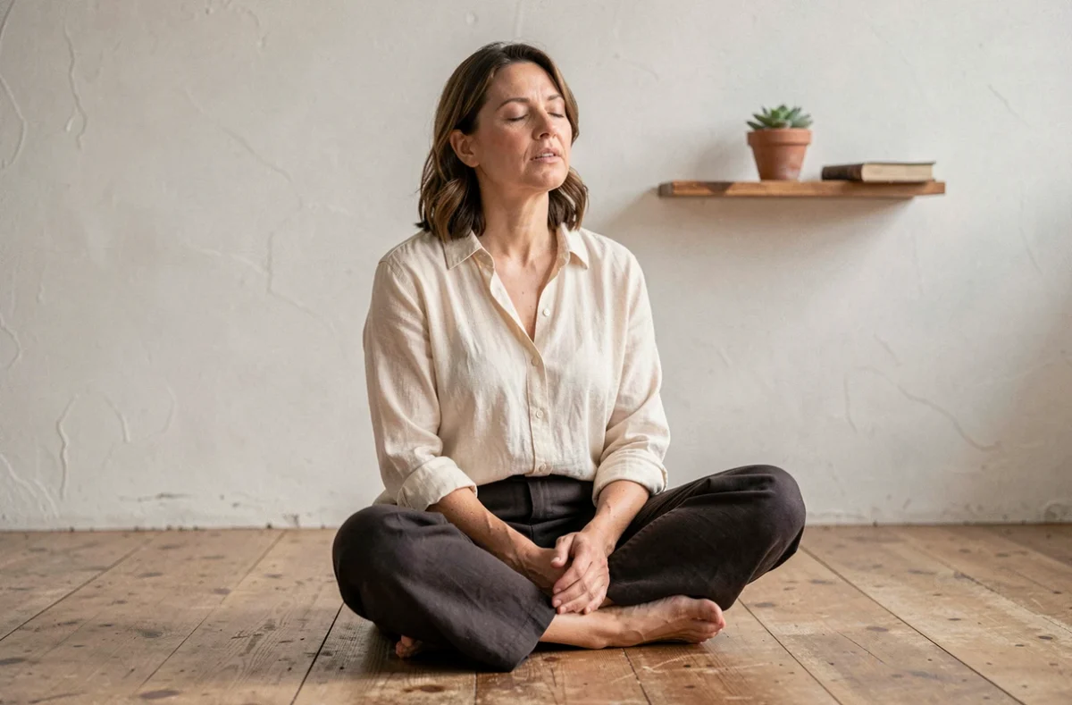 Femme en méditation silencieuse répétant un mantra dans un studio minimaliste en bois et blanc