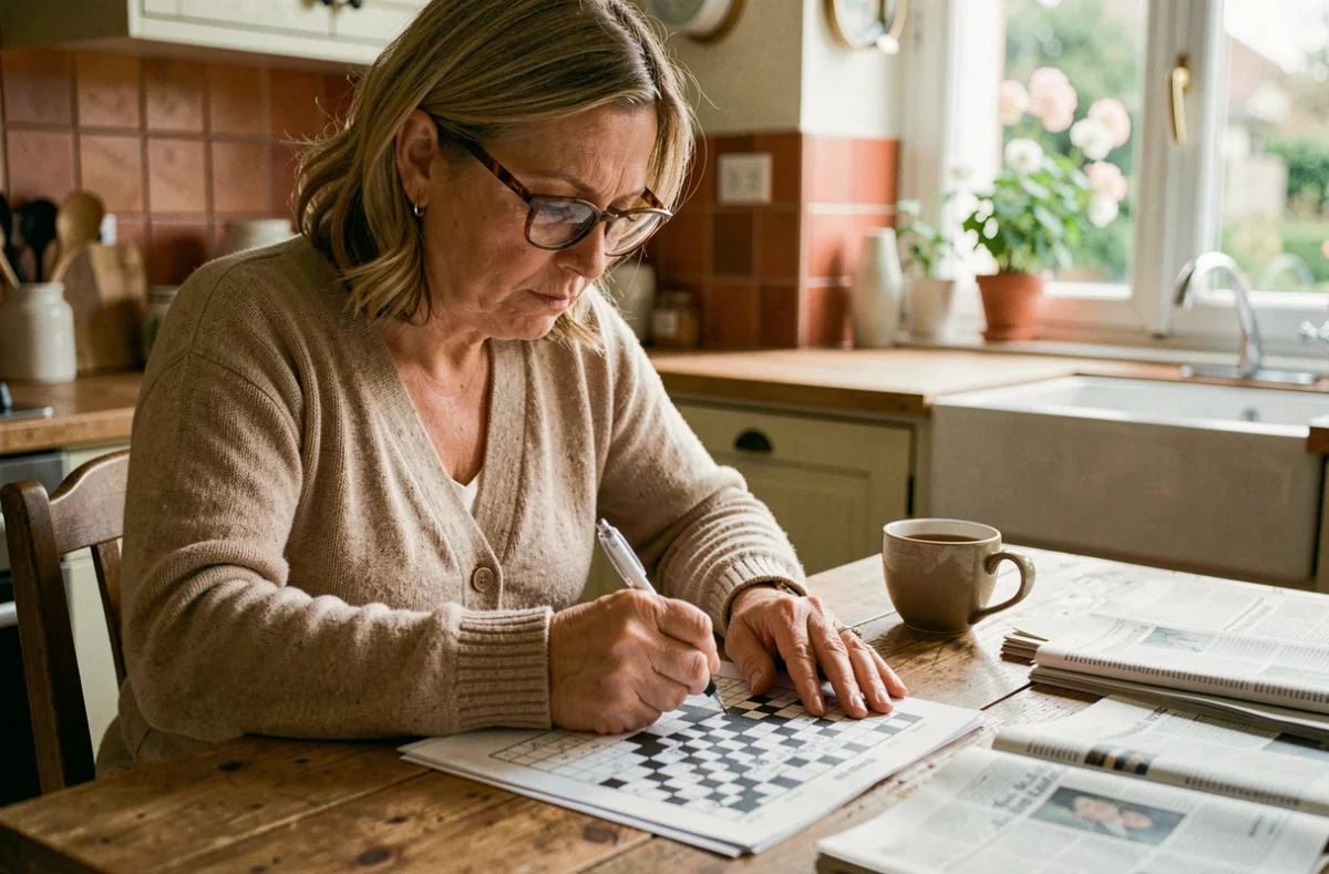 Femme d'âge mûr remplissant une grille de mots fléchés sur papier à une table en bois dans une cuisine rustique française
