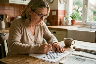 Femme d'âge mûr remplissant une grille de mots fléchés sur papier à une table en bois dans une cuisine rustique française