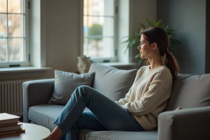 Femme pensive assise sur un canapé dans un salon lumineux