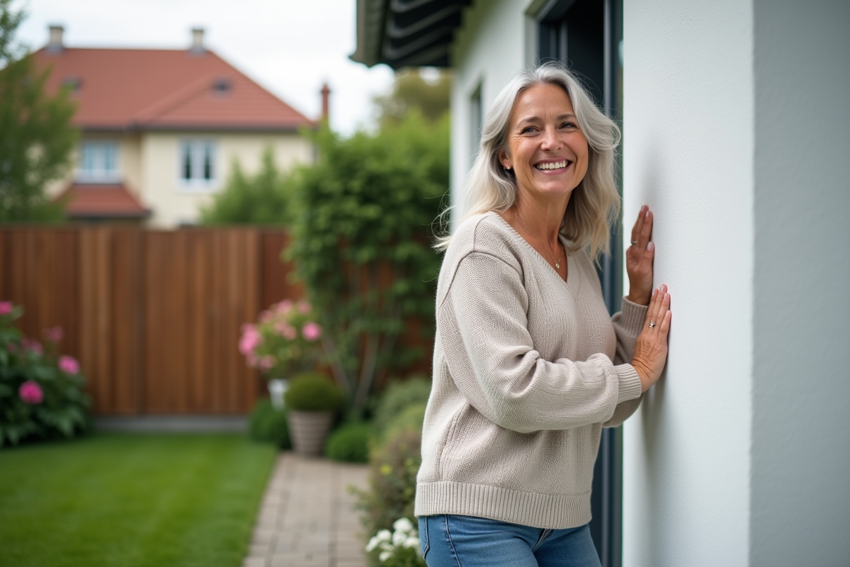 Femme souriante devant maison renovée et isolation