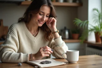 Femme méditant avec rune dans une ambiance chaleureuse