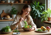 Façon d’avoir faim : les astuces pour stimuler son appétit naturellement Jeune femme en jeans préparant une salade dans la cuisine