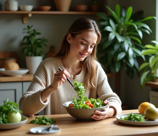 Façon d’avoir faim : les astuces pour stimuler son appétit naturellement Jeune femme en jeans préparant une salade dans la cuisine