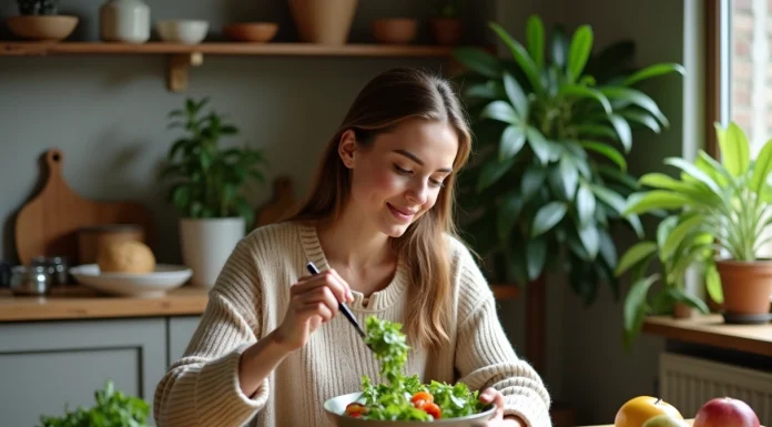 Façon d’avoir faim : les astuces pour stimuler son appétit naturellement Jeune femme en jeans préparant une salade dans la cuisine