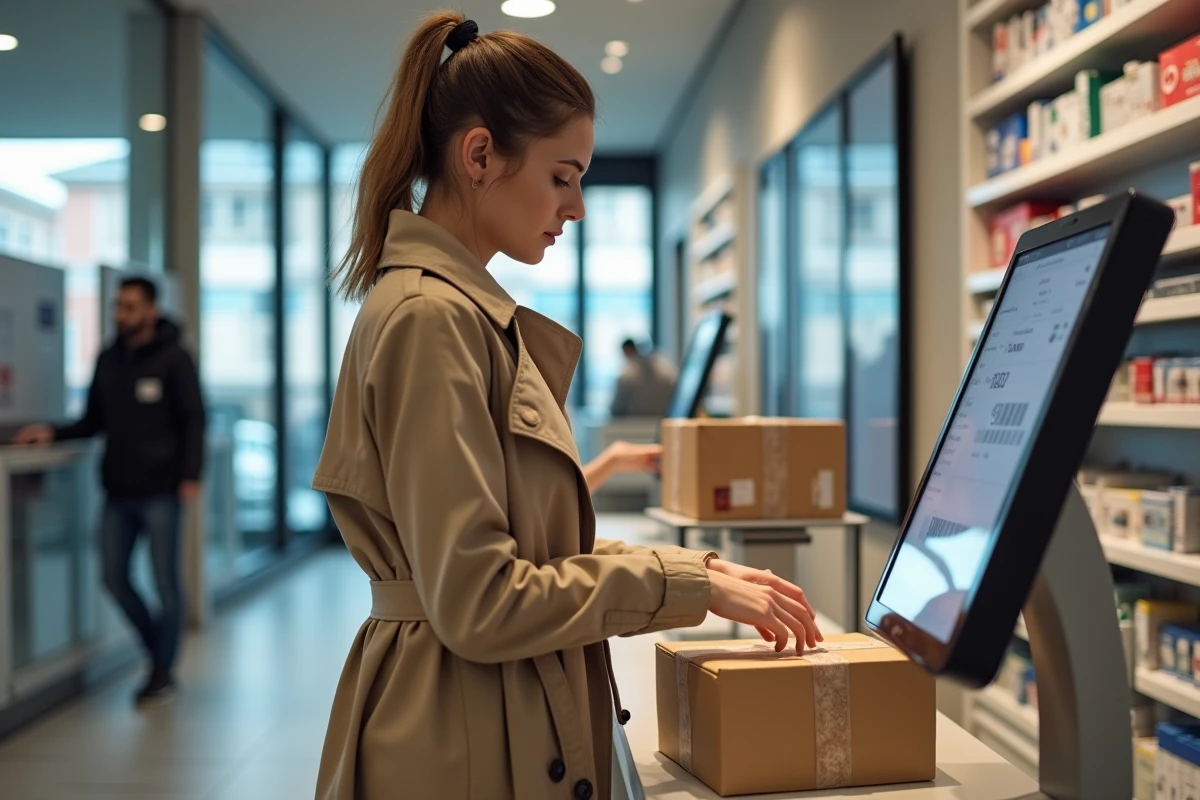 Femme en trench et jeans scanne un colis au bureau postal