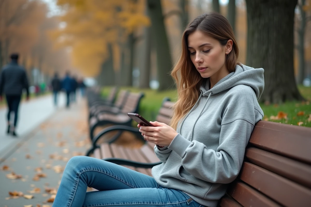 Femme dans un parc urbain utilisant son smartphone