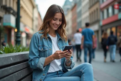 Femme assise sur un banc urbain avec smartphone en main