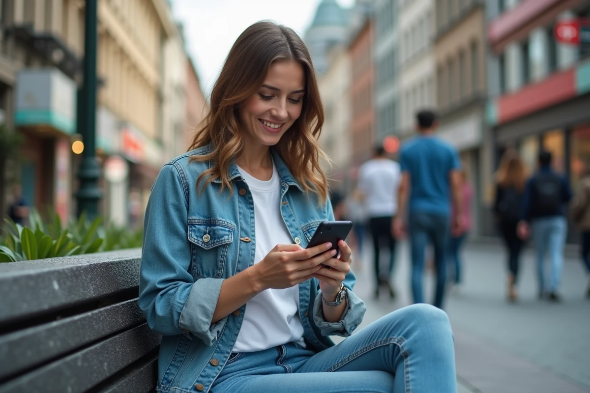 Femme assise sur un banc urbain avec smartphone en main