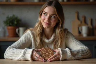 Femme tenant un talisman Vegvisir en bois dans une cuisine chaleureuse