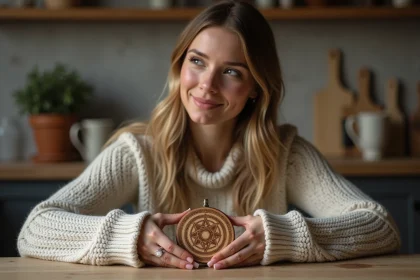 Femme tenant un talisman Vegvisir en bois dans une cuisine chaleureuse