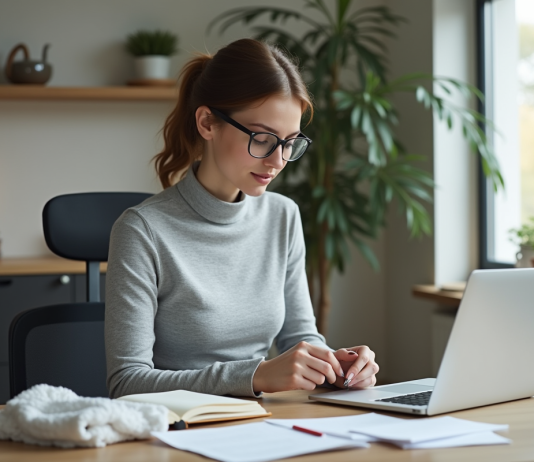 Box télétravail : comment bien choisir sa solution productive ? Jeune femme assemble un kit teletravail à son bureau moderne