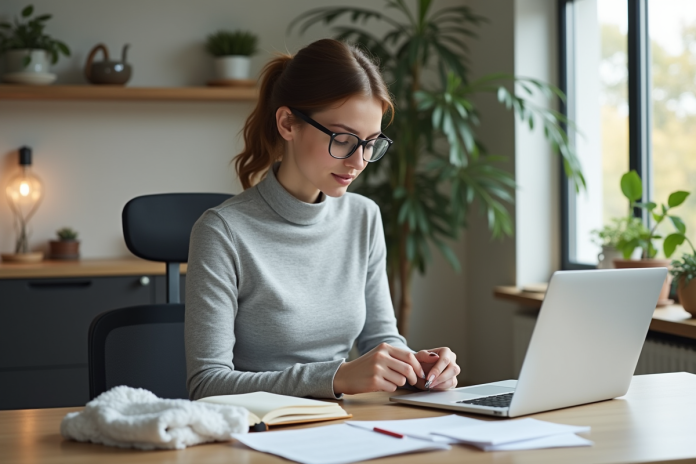 Jeune femme assemble un kit teletravail à son bureau moderne