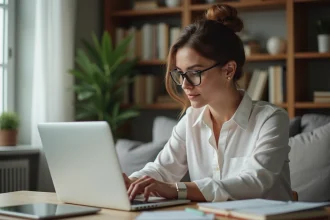 Femme travaillant sur son ordinateur dans un bureau à domicile