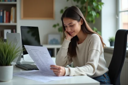 Femme concentrée à son bureau dans un home office lumineux