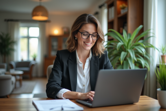 Femme d'âge moyen travaillant à domicile sur un bureau lumineux