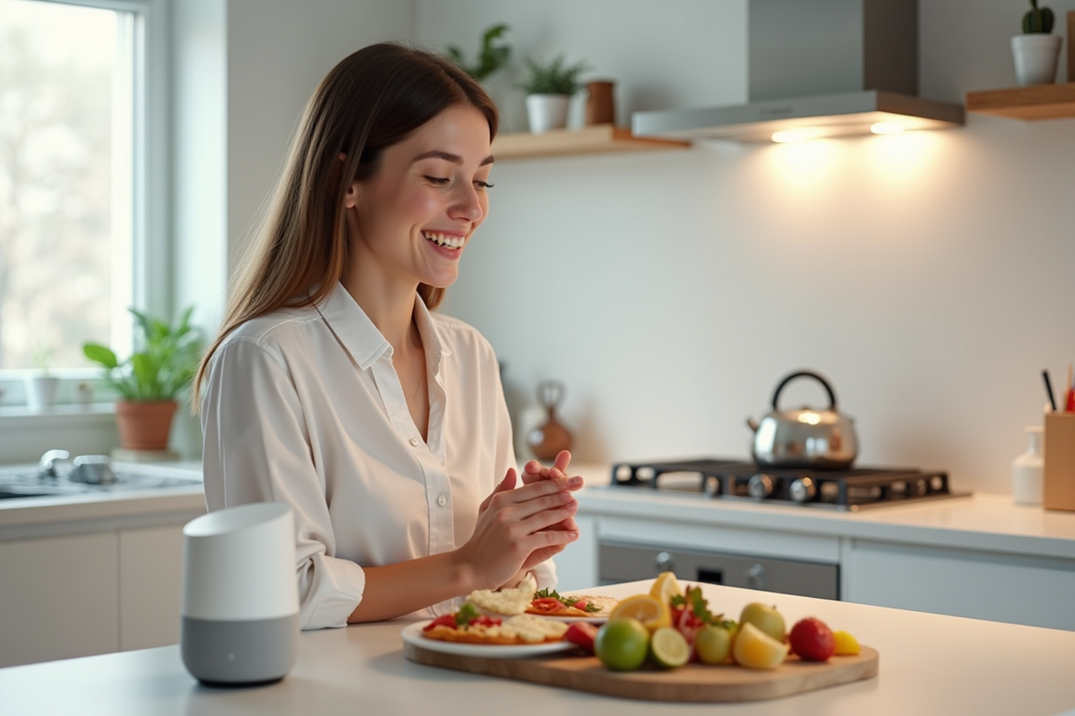 Jeune femme utilisant Google Home dans une cuisine lumineuse