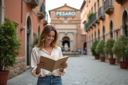 Femme souriante avec guide voyage devant Pesaro en Italie