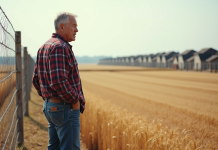 Effets de l’étalement urbain sur terres agricoles : impact et solutions Ferme avec fermier regardant vers maisons neuves en périphérie