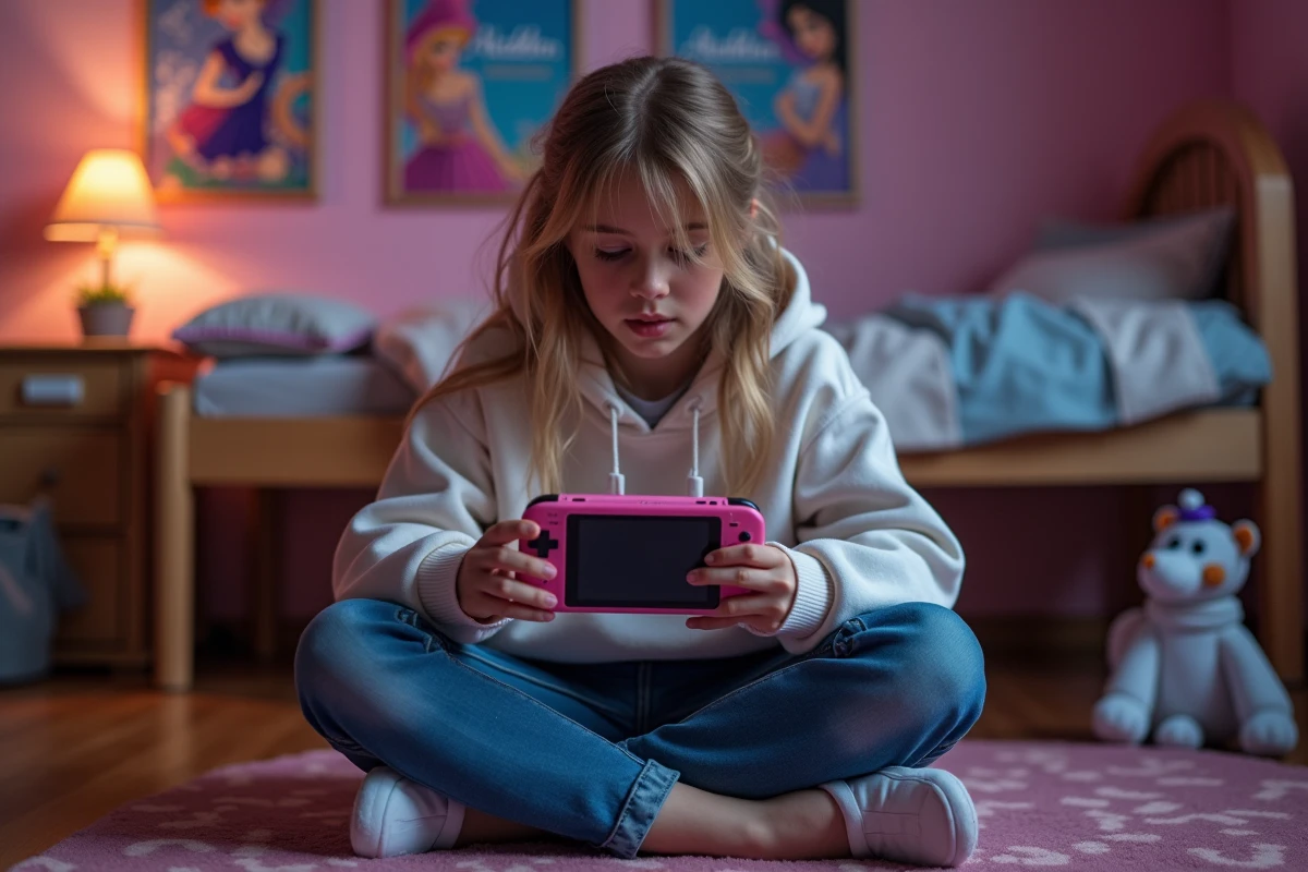 Adolescente jouant à un jeu Aladdin sur console portable