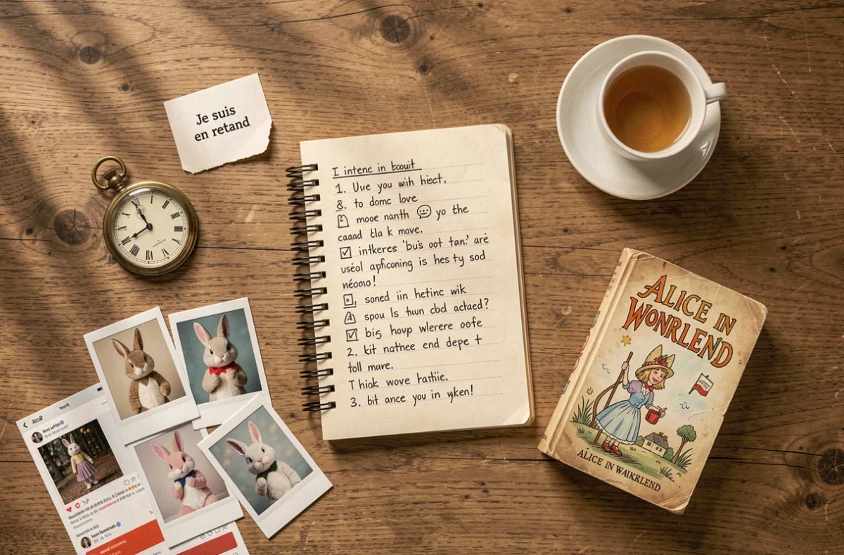 Flat lay éditorial avec montre gousset, notes manuscrites sur les mèmes Alice au Pays des Merveilles, tasse de thé et photos Polaroid sur table en bois