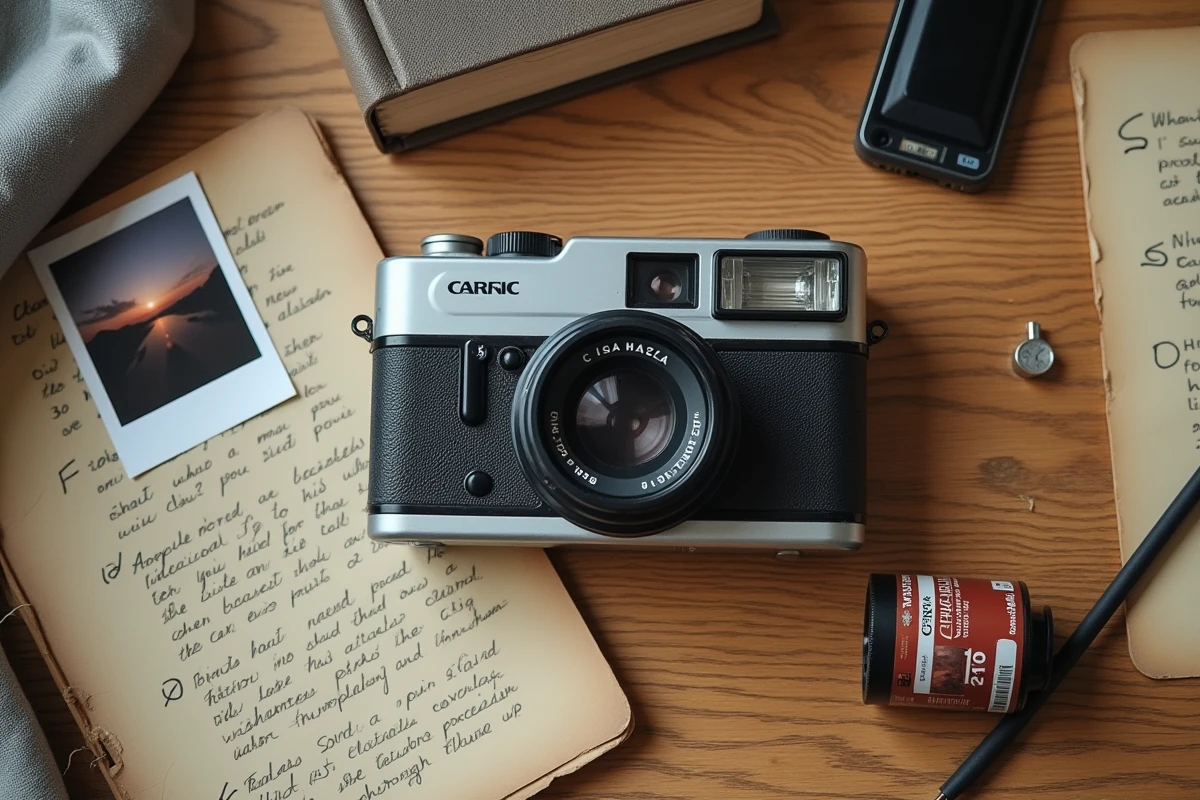 Vue en plongée d'un appareil photo jetable réutilisable posé sur un bureau avec une photo ratée et des notes, illustrant les erreurs fréquentes en photographie argentique