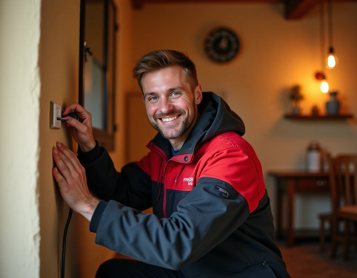 Électricien Fred Elec remplaçant une prise électrique dans un intérieur chaleureux en Corrèze