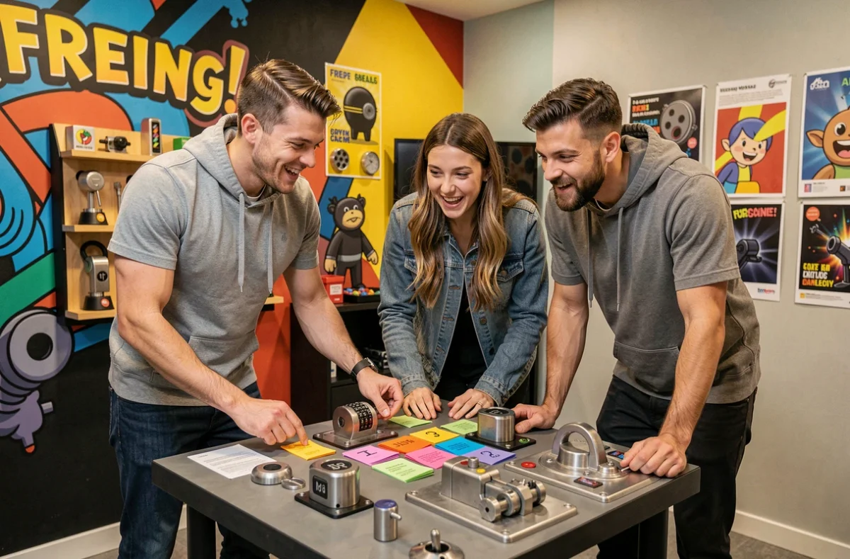Trois joueurs collaborant sur des énigmes dans la salle Freeing! de Creil