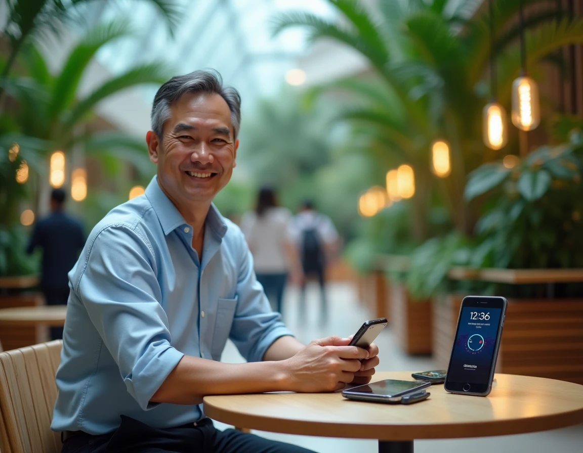 Homme d'affaires comparant les fuseaux horaires sur son téléphone à l'aéroport Changi de Singapour
