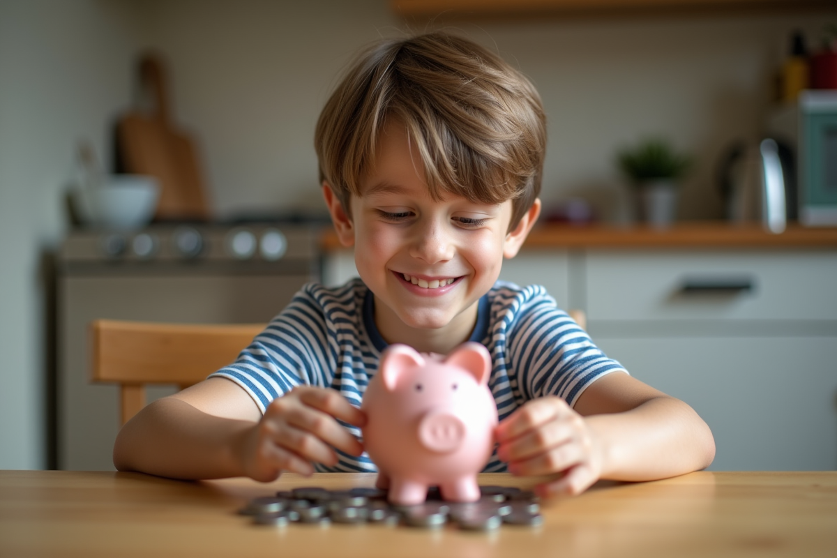 Garçon de 7 ans triant des pièces dans une tirelire