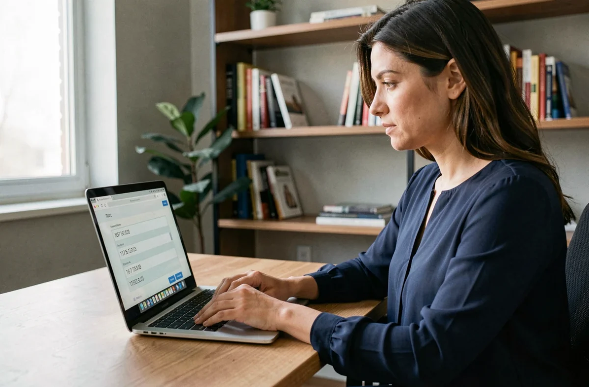 Femme utilisant un générateur de numéro de sécurité sociale aléatoire en ligne sur son ordinateur portable dans un bureau à domicile