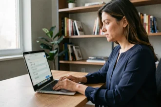 Femme utilisant un générateur de numéro de sécurité sociale aléatoire en ligne sur son ordinateur portable dans un bureau à domicile
