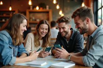 Groupe d'amis réunis dans un café autour d'un sondage WhatsApp pour organiser un voyage